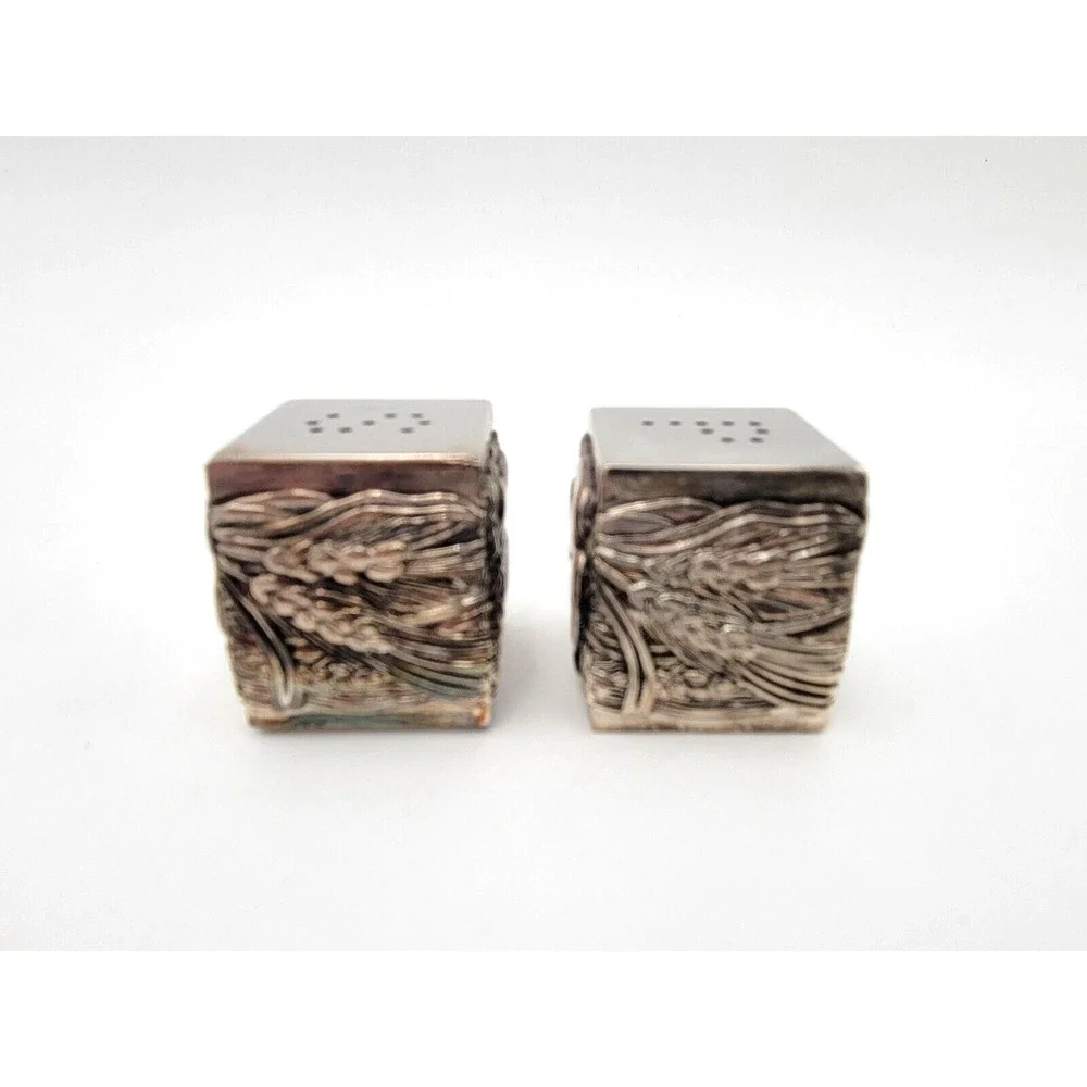Vintage silver plated salt and pepper‎ shakers cube with tray holder embossed